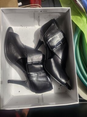 Nine West Black Leather Peep-Toe High Heels with Buckle